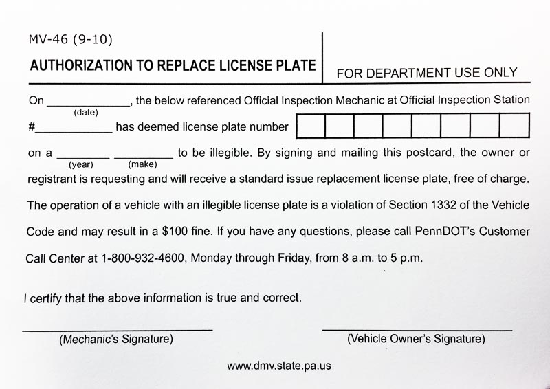 Replacing your Pennsylvania License Plate for Free MV-46 Form